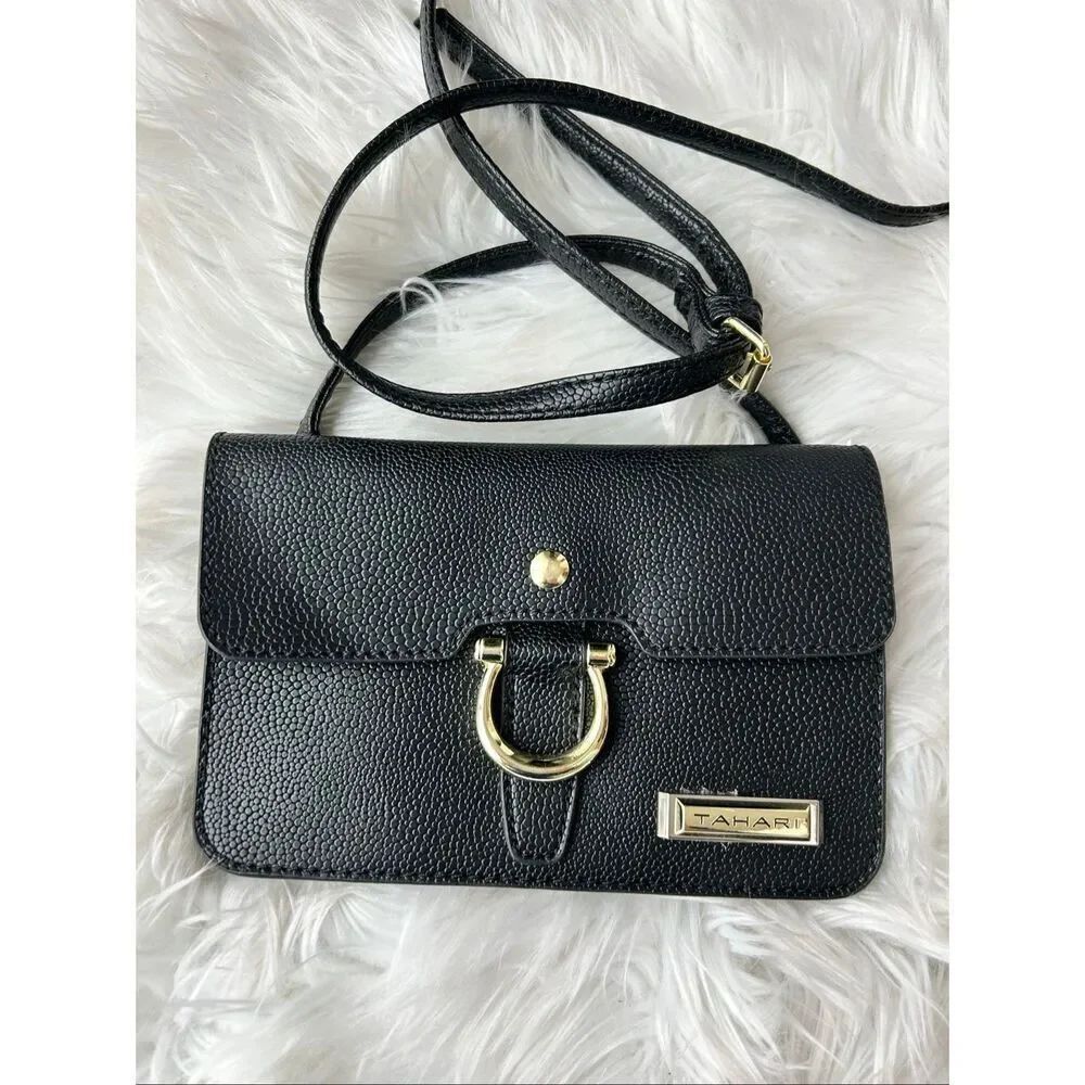 Tahari Women’s Black Patent Leather Flap-Over Crossbody Handbag Small